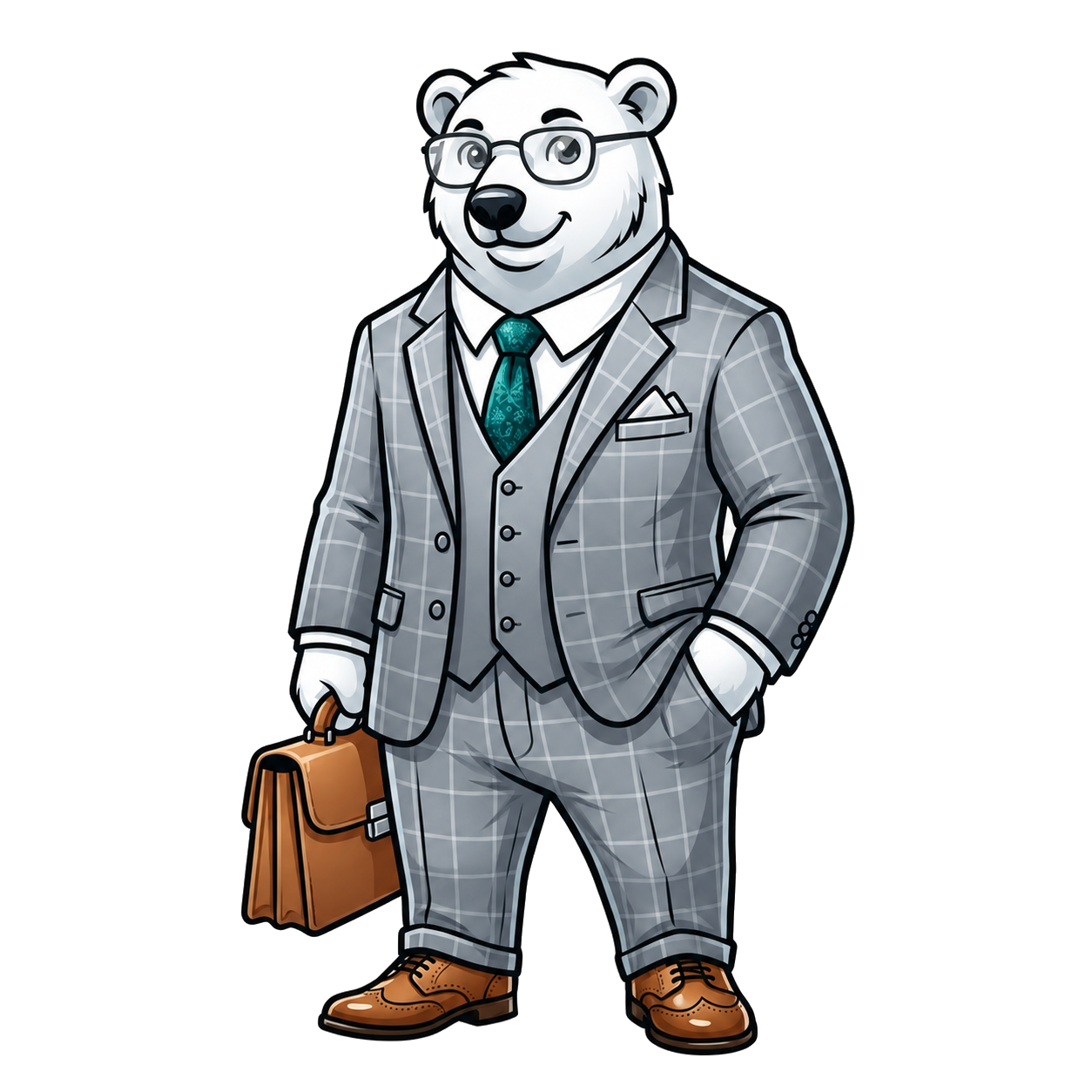 Aventra Simulations polar bear mascot in a grey business suit holding a briefcase